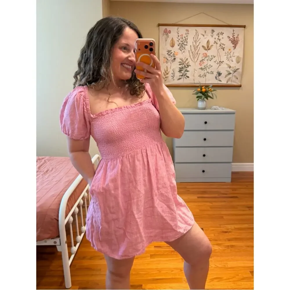 J. Crew Linen Pink Smocked Babydoll Mini Dress Small